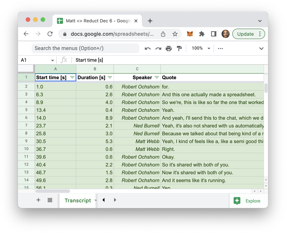 The transcript tab of the output spreadsheet, showing a list of speaker names and lines of speech.