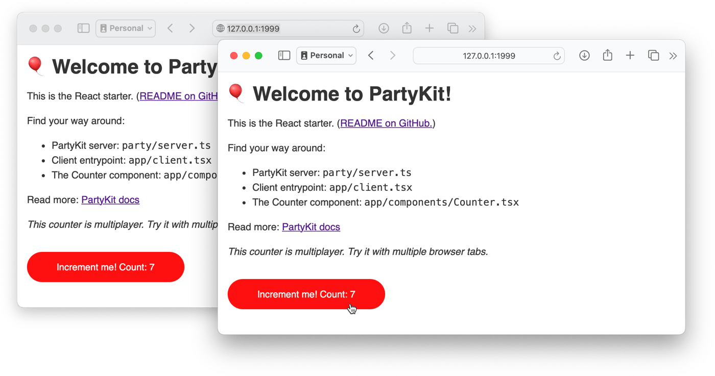 Two browser windows showing a shared 'Increment Me' button