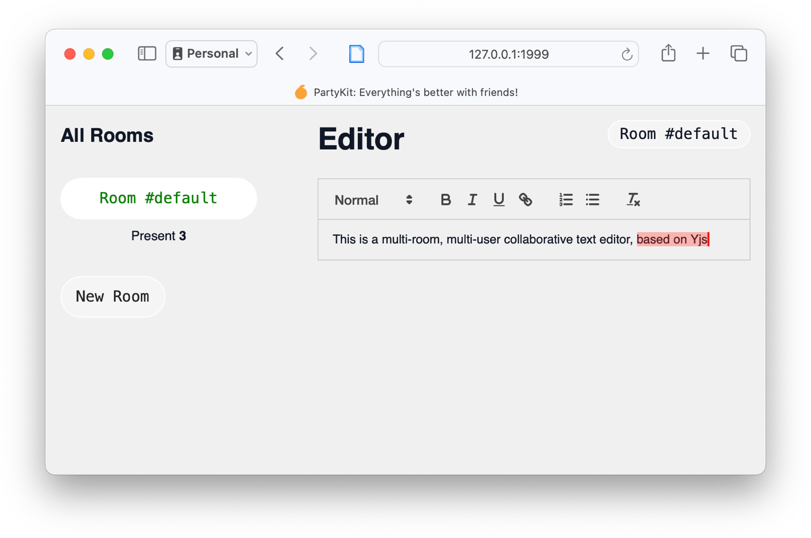 A text editor showing text highlighted by a remote user and a rooms navigator
